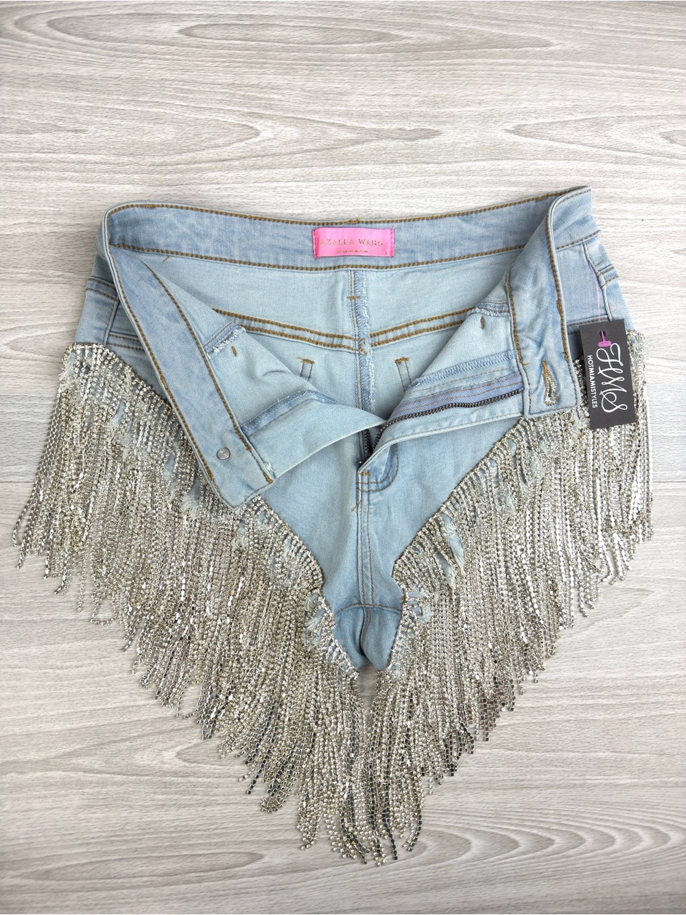 Azalea Wang Gonna Love Me Waterfall Rhinestone Denim Shorts Festival Boho Large - Picture 12 of 16
